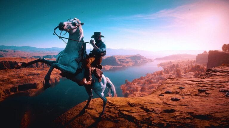 A cowboy wearing a hat and rugged attire rides a white horse rearing up on its hind legs at the edge of a cliff, overlooking a vast canyon and winding river