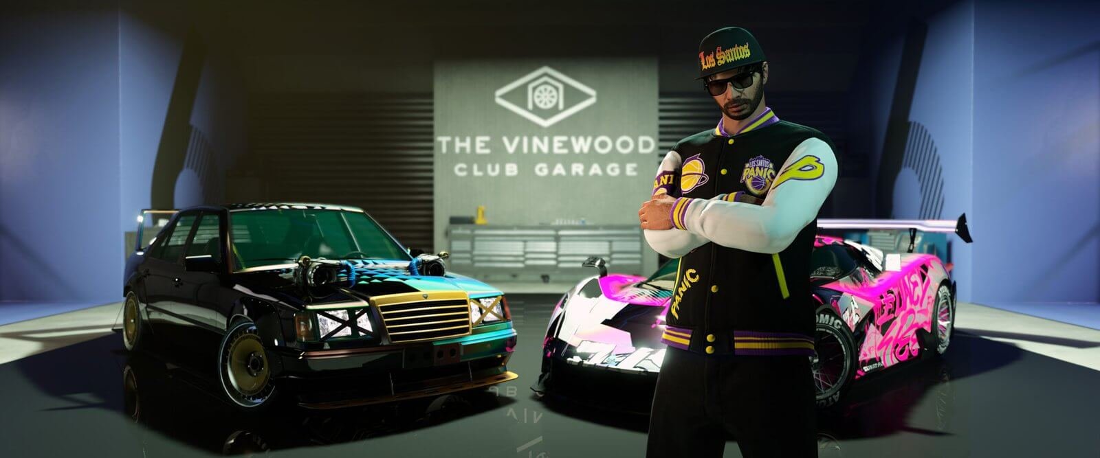 Free GTA V PC Upgrade Arrives March 4 GTA V Custom Car Showdown: Stylish Driver in Los Santos Panic Gear with High-Performance Cars at The Vinewood Club Garage