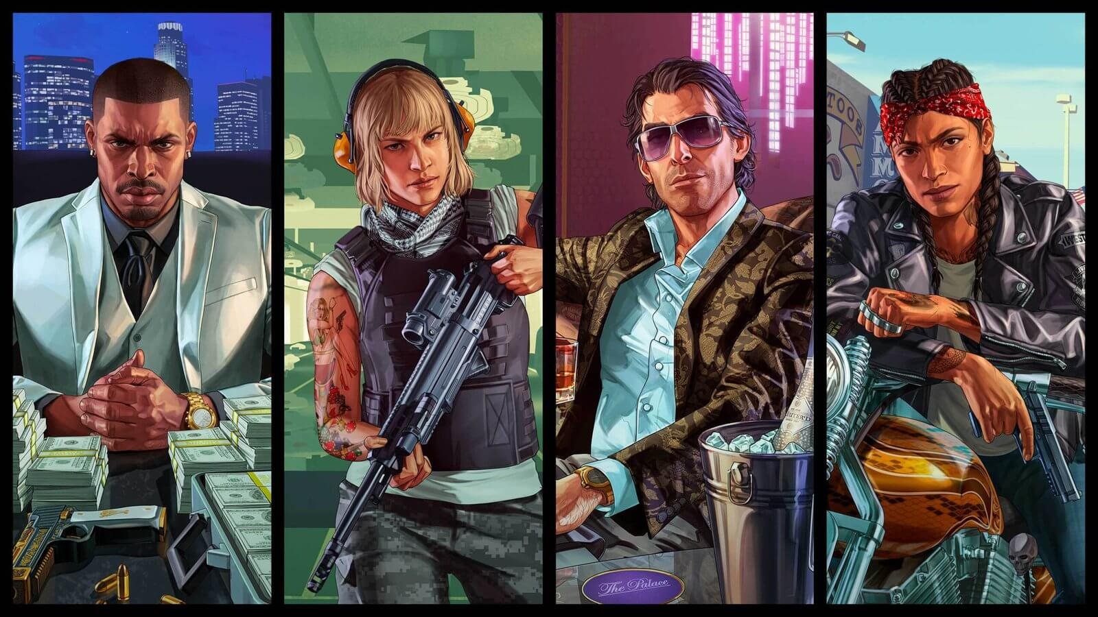 GTA V Updated System Requirements for PC Upgrade Iconic GTA V Characters: The Business Tycoon, Tactical Operative, Stylish Mogul, and Rebellious Biker in a Crime-Fueled World