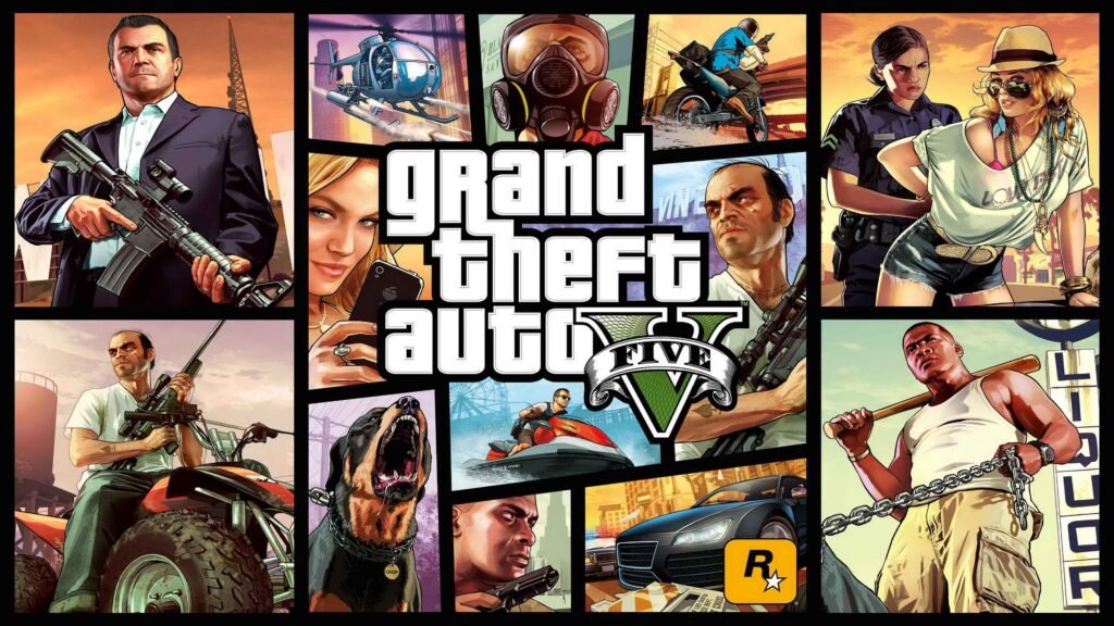 Official cover art for the video game Grand Theft Auto V. The image features a comic-book style collage of various character illustrations and action scenes separated by black borders. Center: The bold white "Grand Theft Auto V" logo is positioned over an illustration of a man on a jet ski. Characters: The three main protagonists—Michael (top left with an assault rifle), Trevor (bottom left on an ATV and middle right with a sniper rifle), and Franklin (bottom right with a baseball bat and bottom center with a handgun)—are shown in various high-stakes poses. Action Elements: Other panels feature a police helicopter, a man in a gas mask, a motorcycle chase, a barking Rottweiler named Chop, and a woman being arrested by a police officer. Branding: The yellow Rockstar Games "R" logo is located in the bottom right corner.