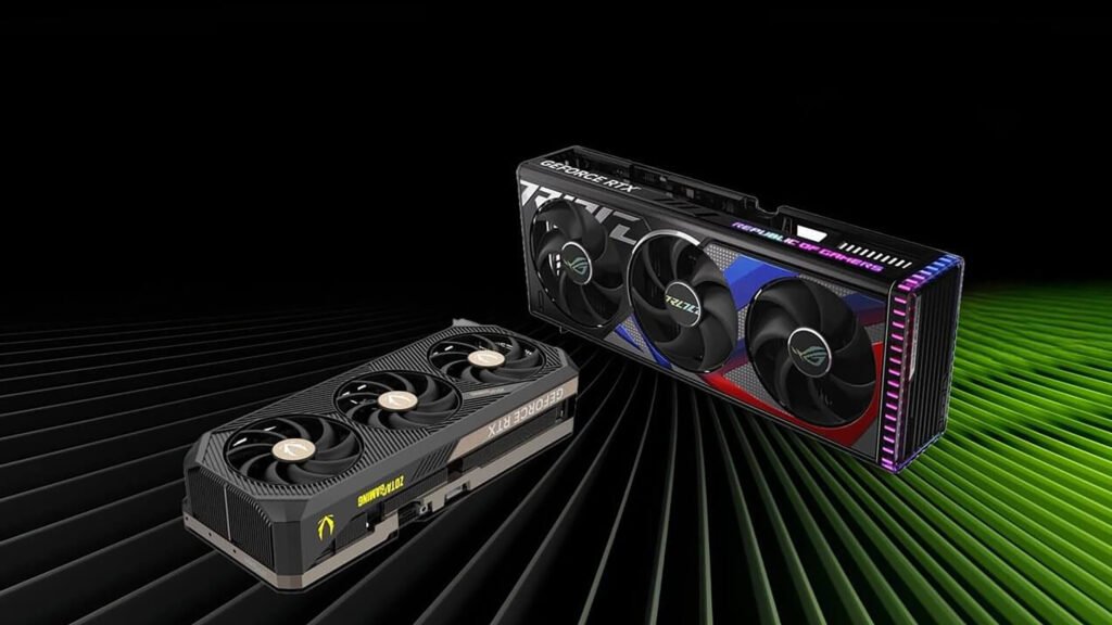The image showcases two distinct GPU models—a sleek, dark Zotac Gaming card in the foreground and a colorful ASUS ROG Strix card in the background—set against a stylized black and green diagonal-lined backdrop.