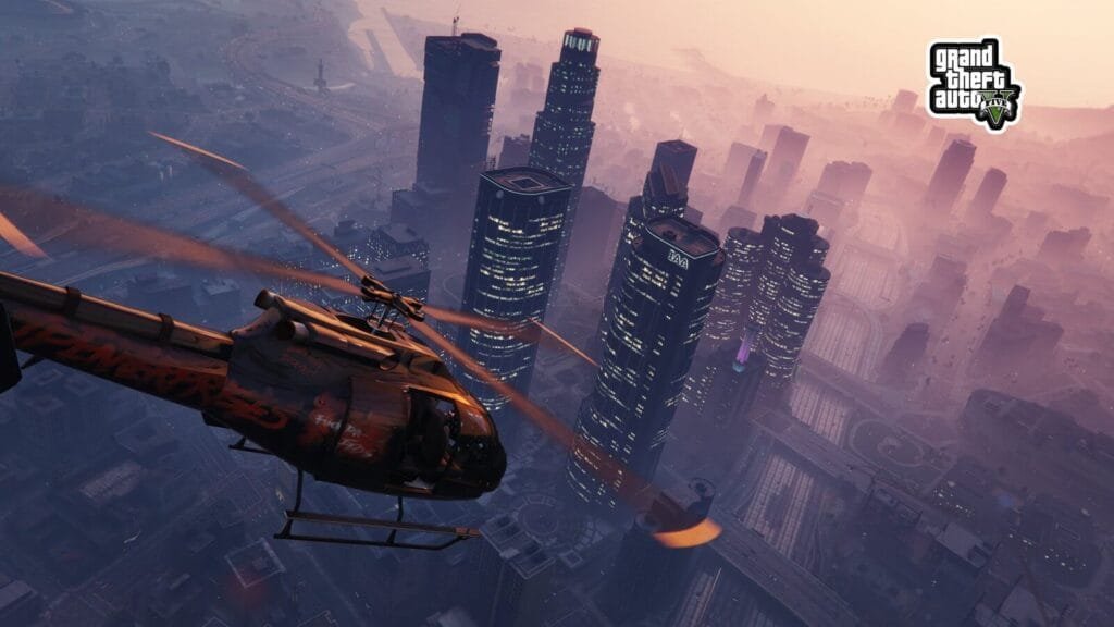 GTA V Aerial View: Helicopter Flying Over the City Skyline at Sunset with a Dazzling Urban Landscape Below