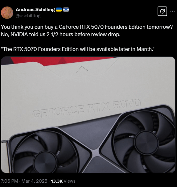NVIDIA Confirms RTX 5070 Founders Edition Launch Later in March 2025 NVIDIA Delays RTX 5070 Founders Edition Release to Later in March