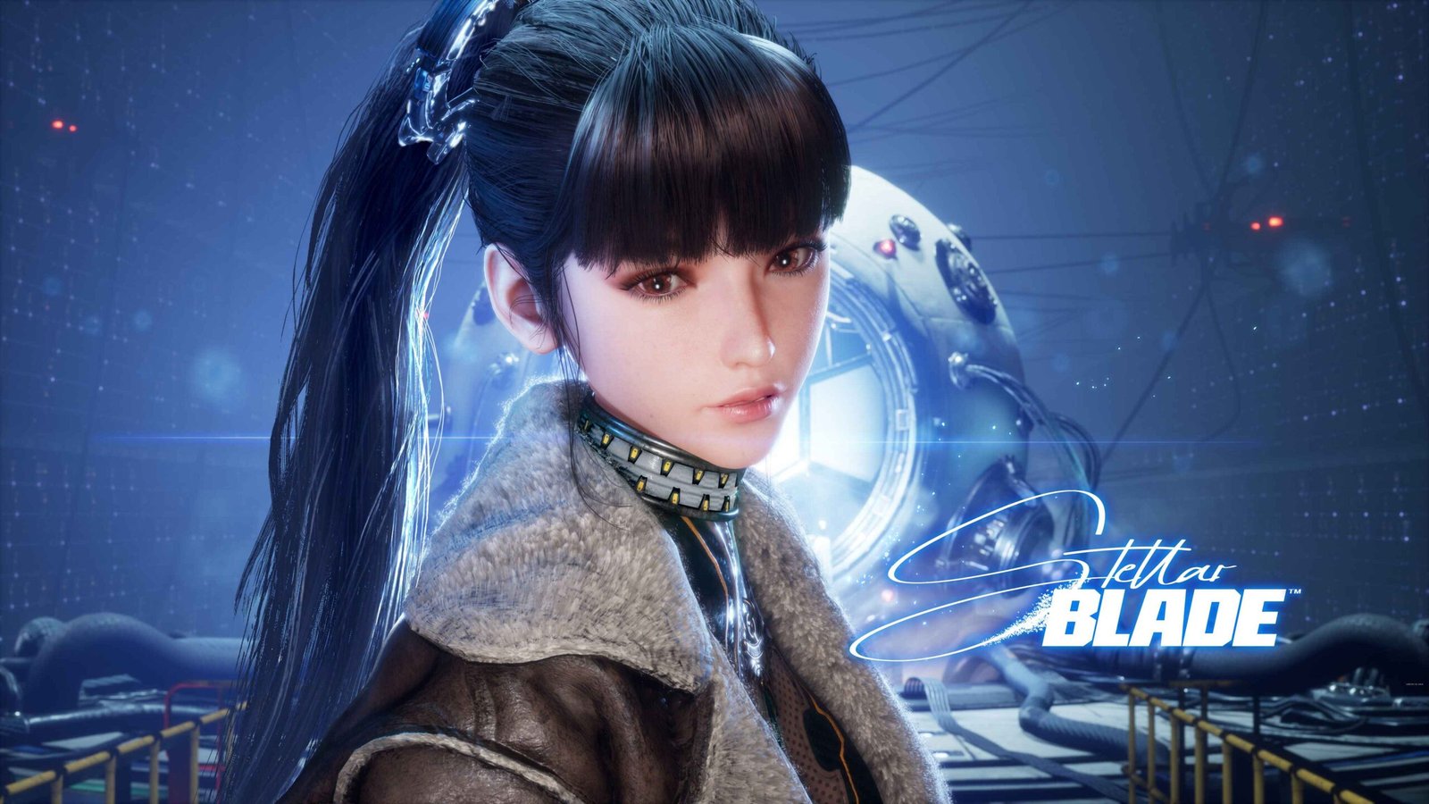 Stellar Blade System Requirements - PC Specifications A high-fidelity cinematic screenshot from the video game Stellar Blade. It features a close-up portrait of the protagonist, Eve, a young woman with dark hair styled in a long, high ponytail and straight-cut bangs. She is wearing a leather jacket with a fur collar and a mechanical neck piece. The background shows a futuristic, dimly lit industrial hangar with a glowing pod-like structure. The game's blue neon logo is visible in the bottom right corner.