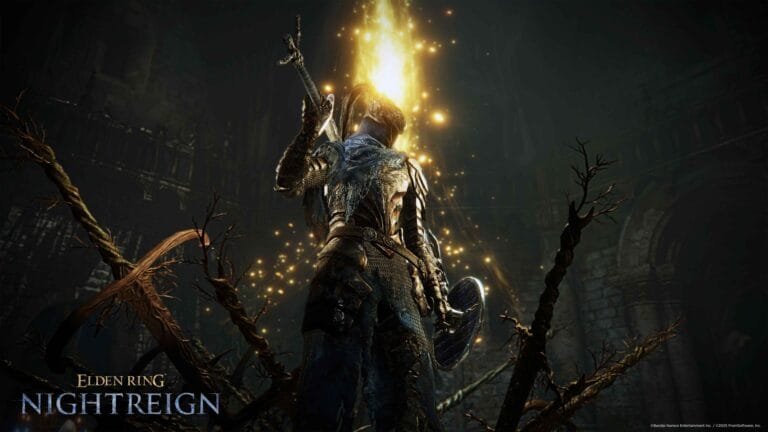 A knight in weathered, ornate armor and a blue surcoat stands in a dark, cathedral-like interior. Their head is wreathed in a brilliant column of golden light and shimmering embers. The knight holds a large sword over their shoulder and a circular shield at their side, framed in the foreground by twisted, thorny branches. The bottom left corner features the text "ELDEN RING NIGHTREIGN."