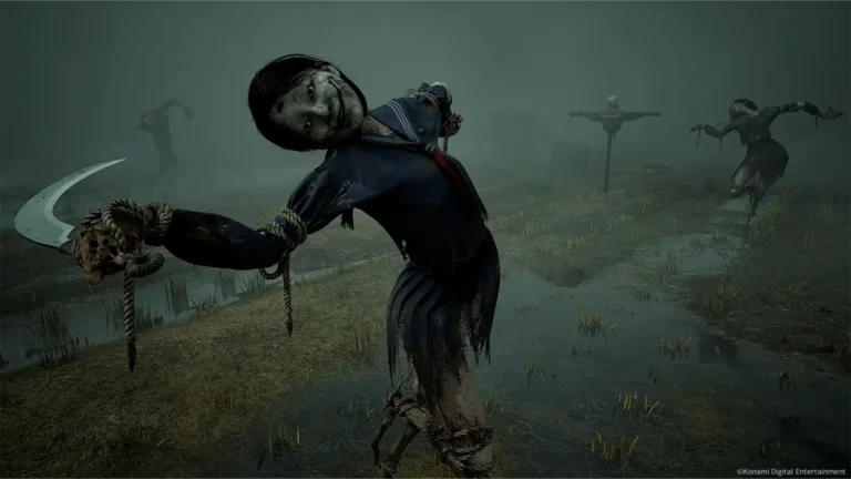 SILENT HILL f official PC System Requirements A group of eerie, doll-like figures in school uniforms with cracked porcelain faces and rope-bound limbs stalking through a misty, flooded rice field under a grey sky.