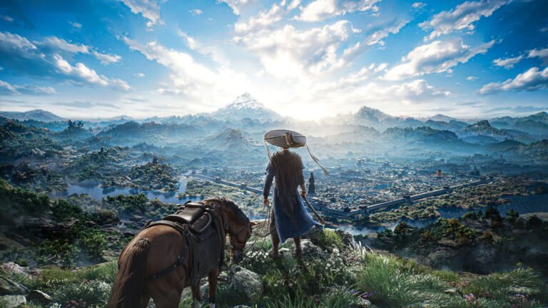 An artistic panoramic view of a vast, ancient Chinese landscape from a high clifftop. In the foreground, a lone warrior in traditional blue robes and a wide-brimmed straw hat stands next to a saddled brown horse, looking out over the horizon. Below them lies a sprawling, walled imperial city nestled in a lush valley with winding rivers. In the distance, a massive, snow-capped mountain peak pierces a bright, cloudy sky where the sun shines brilliantly, casting a misty glow over the rolling green hills.