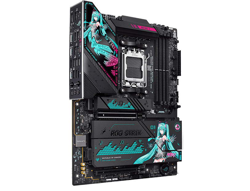 ASUS ROG Strix X870E-H Gaming WiFi7 Hatsune Miku Edition AMD ATX motherboard, 16+2+1 power stages, DDR5 slots, four M.2 slots all with M.2 Q-Release, PCIe® 5.0, WiFi 7, two USB4 ports, USB 10Gbps Type-C with up to 30W PD/PPS Fast-charge and Aura Sync RGB 