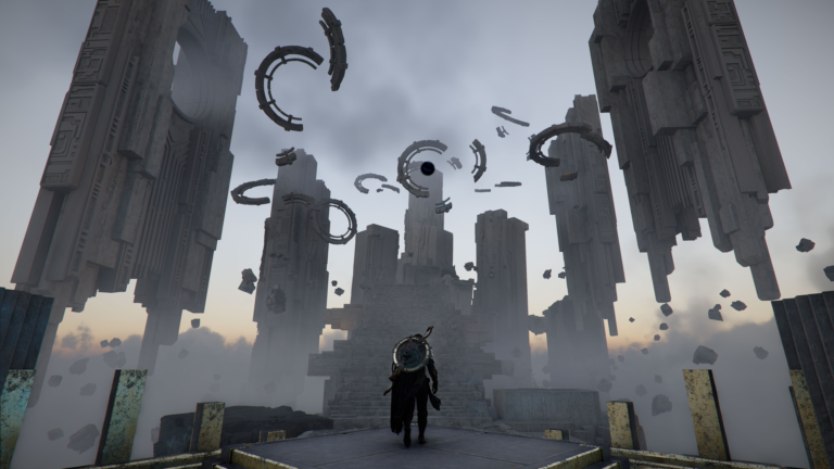 A lone warrior stands on a floating stone platform, gazing at massive, brutalist-style stone towers and rotating mechanical rings suspended in a foggy, ethereal sky.