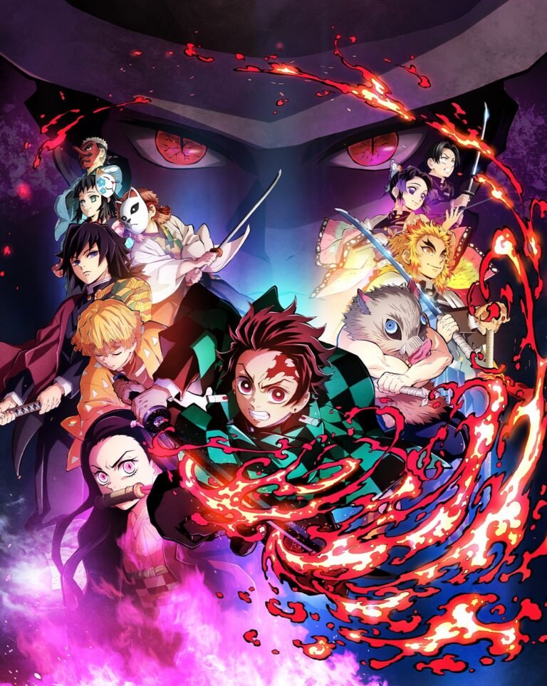 A vibrant, action-oriented vertical poster for the video game "Demon Slayer -Kimetsu no Yaiba- The Hinokami Chronicles." The composition features a large, menacing close-up of the villain Muzan Kibutsuji’s face in the background, with glowing red eyes and a black fedora casting a shadow over the scene. In the foreground, the main protagonist, Tanigiro Kamado, is positioned in the center, wielding his sword which is engulfed in swirling, stylized orange and red flames (the Hinokami Kagura). To his left is his sister Nezuko, glowing with pink aura, and the cowardly but powerful Zenitsu Agatsuma. To his right is the boar-masked Inosuke Hashibira, lunging forward with serrated dual blades.