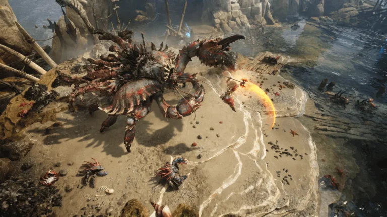 Titan Quest II System Requirements – PC Specifications An action-packed screenshot from the video game Titan Quest II featuring a cinematic boss battle on a rocky, coastal shoreline. The Combatants: A lone warrior, clad in ornate red and gold armor, leaps into the air to strike a massive, monstrous crab creature. The warrior wields a glowing orange axe that leaves a vibrant trail of fire in its wake. The Boss: The giant crab is heavily armored with a dark, barnacle-encrusted shell and menacing red highlights. It has numerous sharp legs and a towering presence that dwarfs the player character. The Environment: The battle takes place on a sandy beach littered with smaller crabs, starfish, and bleached bones. The background shows weathered sea cliffs, wooden wreckage, and a glimpse of the ocean under bright, natural daylight. Atmosphere: The perspective is an isometric, top-down view typical of action RPGs, highlighting the scale of the encounter and the detailed textures of the environment.
