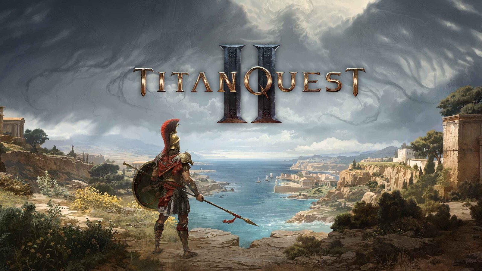 Titan Quest II System Requirements – PC Specifications A panoramic concept art piece for the video game Titan Quest II. In the foreground, a Greek warrior stands on a rocky cliff overlooking a vast coastal landscape. He is seen from behind, clad in traditional bronze armor, a red-crested hoplite helmet, and a red tunic. He carries a large round shield on his back and holds a long spear in his right hand. The middle ground reveals a shimmering blue bay dotted with small sailboats, nestled between sun-drenched cliffs and ancient Mediterranean architecture. In the distance, white-pillared temples and coastal settlements sit under a dramatic, swirling sky filled with dark, heavy clouds. At the top center, the game’s title, "TITAN QUEST II," is displayed in a weathered, metallic font, with a large Roman numeral "II" set behind the text.