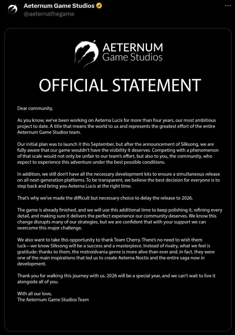 Aeternum Game Studios and Panik Arcade Delayed Hollow Knight Silksong Release Date
