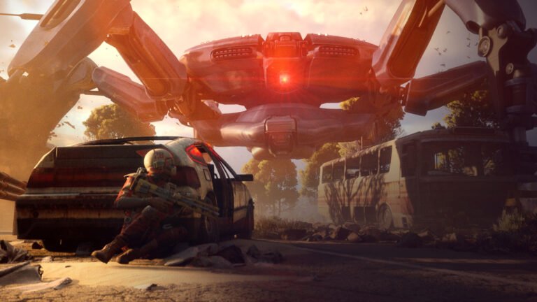 A lone scavenger in tactical gear crouches behind a rusted car, hiding from a massive, multi-legged robotic sentinel looming over a desolate road at sunset.