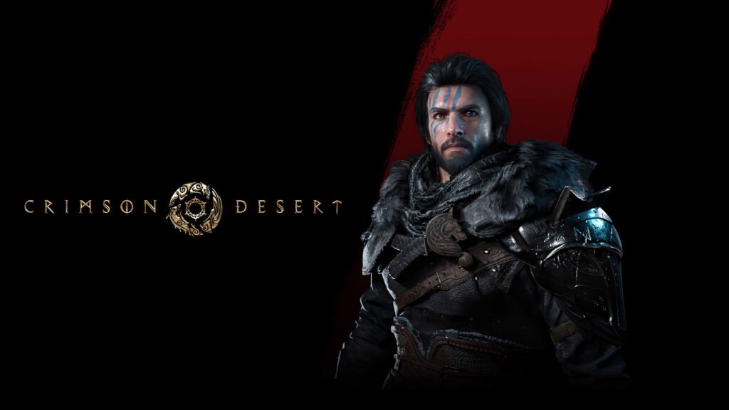Promotional artwork for the video game "Crimson Desert." On the right, a rugged male warrior with dark hair, a beard, and blue war paint over his eyes stares forward. He wears heavy furs and ornate dark armor with metallic shoulder plates. To his left, the game's gold title logo is centered against a solid black background with a single vertical red brushstroke.