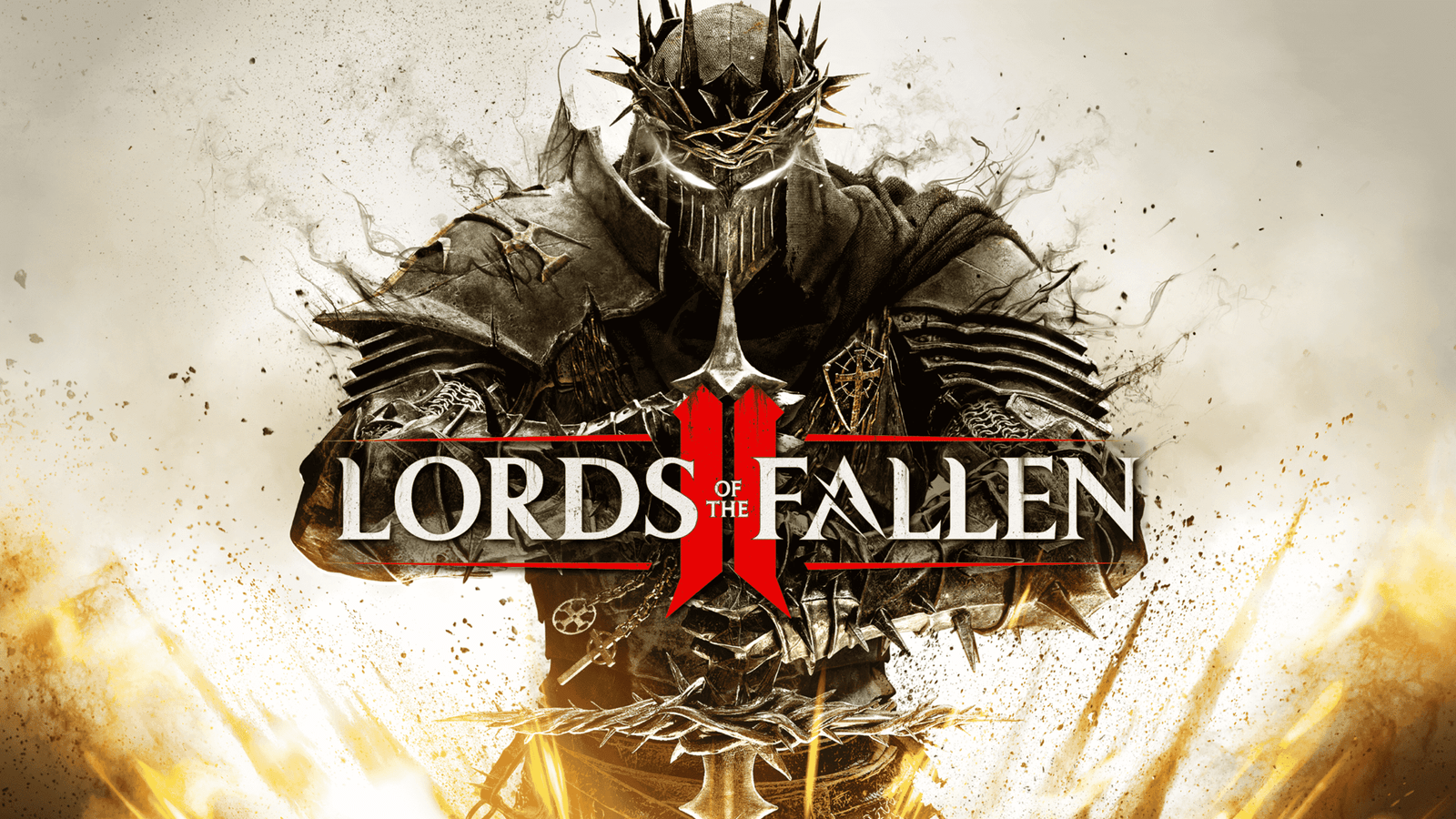Lords of the Fallen II System Requirements for PC An imposing, dark-armored knight stands at the center of a gritty, high-contrast composition. The knight wears a jagged, spiked crown and a full-face helm with glowing white slits for eyes. Wisps of black smoke or shadow rise from the weathered, heavy plate armor. Directly in front of the knight is the game title, "Lords of the Fallen II," in a sharp white serif font. A large, stylized red Roman numeral "II" is layered behind the text, its vertical bars shaped like serrated blades. The background is a desaturated, pale beige, while the bottom of the frame erupts in a bright, golden-orange explosion of sparks and embers, creating a sense of intense conflict and dark fantasy atmosphere.