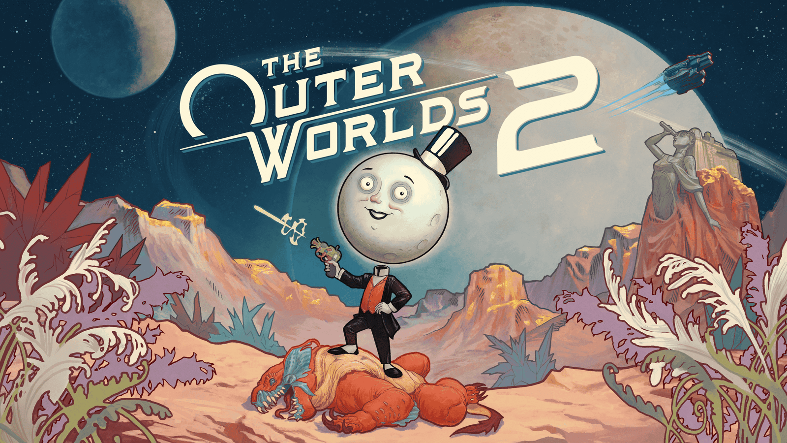 An illustration for the video game The Outer Worlds 2 featuring a surreal, retro-futuristic sci-fi landscape. In the center stands a character in a tuxedo and top hat, but with a giant, pale moon for a head. He is triumphantly posing with one foot on a fallen orange alien creature while holding a ray gun that has just fired a bolt of energy.