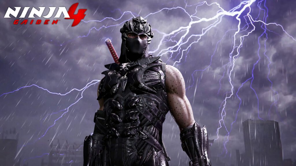 An action-packed wallpaper featuring Ryu Hayabusa, the iconic protagonist from the Ninja Gaiden series. The image showcases Ryu in a highly detailed, black tactical ninja suit with organic, armor-like plating. He stands confidently in the foreground, his signature Dragon Sword hilt visible over his shoulder. The scene is set against a dramatic, stormy sky filled with dark clouds, falling rain, and vibrant purple lightning strikes that illuminate the background. In the top-left corner, a stylized logo reads "NINJA GAIDEN 4," suggesting a concept for a future installment in the franchise. The overall atmosphere is intense, cinematic, and gritty.