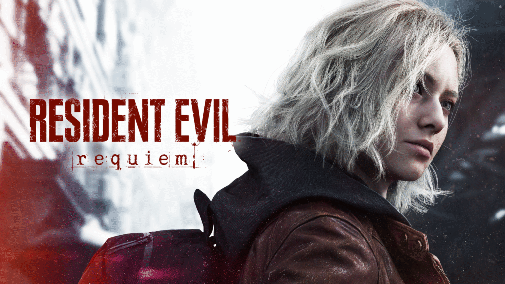 A promotional-style digital graphic for a fictional or fan-made game titled "Resident Evil Requiem." The image features a close-up, profile view of a young woman with short, messy platinum blonde hair, looking off to the right with a serious, contemplative expression. She is wearing a brown leather jacket with a dark hoodie underneath and a red backpack. The background is a high-contrast, atmospheric blur of white and dark grey, suggesting a snowy or foggy urban environment. On the left side, the iconic Resident Evil logo appears in distressed red lettering, with the word "requiem" written in a smaller, lowercase typewriter font underneath it. The overall mood is cinematic, gritty, and cold.