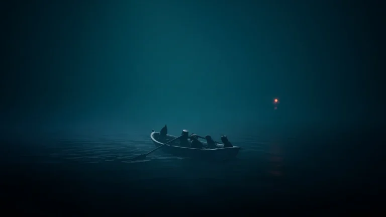 A cinematic, wide-angle shot of a lone white rowboat centered in a dark, teal-toned misty sea. Inside the boat, five small figures—some appearing to wear masks or hoods—sit hunched together as one person rows. The atmosphere is heavy with thick fog, obscuring the horizon and blending the dark water with the murky sky. In the distance to the right, a single, glowing red light pierces through the gloom, serving as the only point of color and navigation in the oppressive darkness.