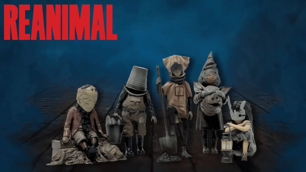 A promotional image for the horror video game "Reanimal" featuring five small, eerie figures standing on a dark wooden floor against a misty blue background. From left to right: a child with a bandaged head sitting on a trunk; a figure in overalls wearing a metal bucket over their head; a child in a burlap hood holding a shovel; a figure in a tall, pointed hood holding a pig's head mask; and a small girl crouching with a lantern, wearing a white animal-like mask. The word "REANIMAL" is written in large, bold red capital letters in the top left corner.