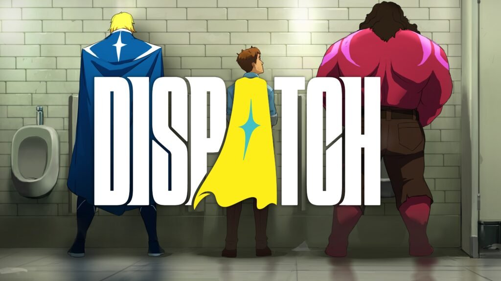 An artistic digital illustration for a video game titled "DISPATCH." The scene is set in a public restroom with white tiled walls. Three male characters are standing side-by-side with their backs to the viewer at urinals. On the left is a tall, muscular superhero with blonde hair wearing a blue cape with a white star emblem. In the center is a significantly shorter, average-looking man wearing a bright yellow cape with a blue star emblem. On the right is a massive, broad-shouldered man with long dark hair, wearing a tight pink superhero suit and brown pants. The word "DISPATCH" is written in large, bold, white capital letters across the center of the image, partially overlapping the characters.