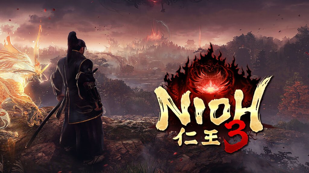 Digital artwork for a conceptual game titled "Nioh 3." A samurai warrior stands on a rocky cliff, looking out over a vast, misty valley filled with autumnal trees and distant Japanese architecture under a dark, fiery sky. To his left stands a glowing, ethereal spirit beast. The "Nioh 3" logo is prominently displayed in the foreground with a flaming crest.