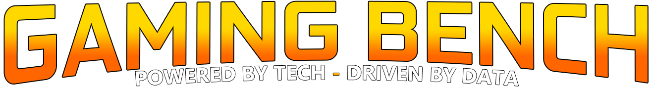 Logo for Gaming Bench featuring the text "GAMING BENCH" in a bold, sans-serif font with a yellow-to-orange vertical gradient. Below it, the tagline "POWERED BY TECH - DRIVEN BY DATA" is written in smaller, outlined white capital letters.