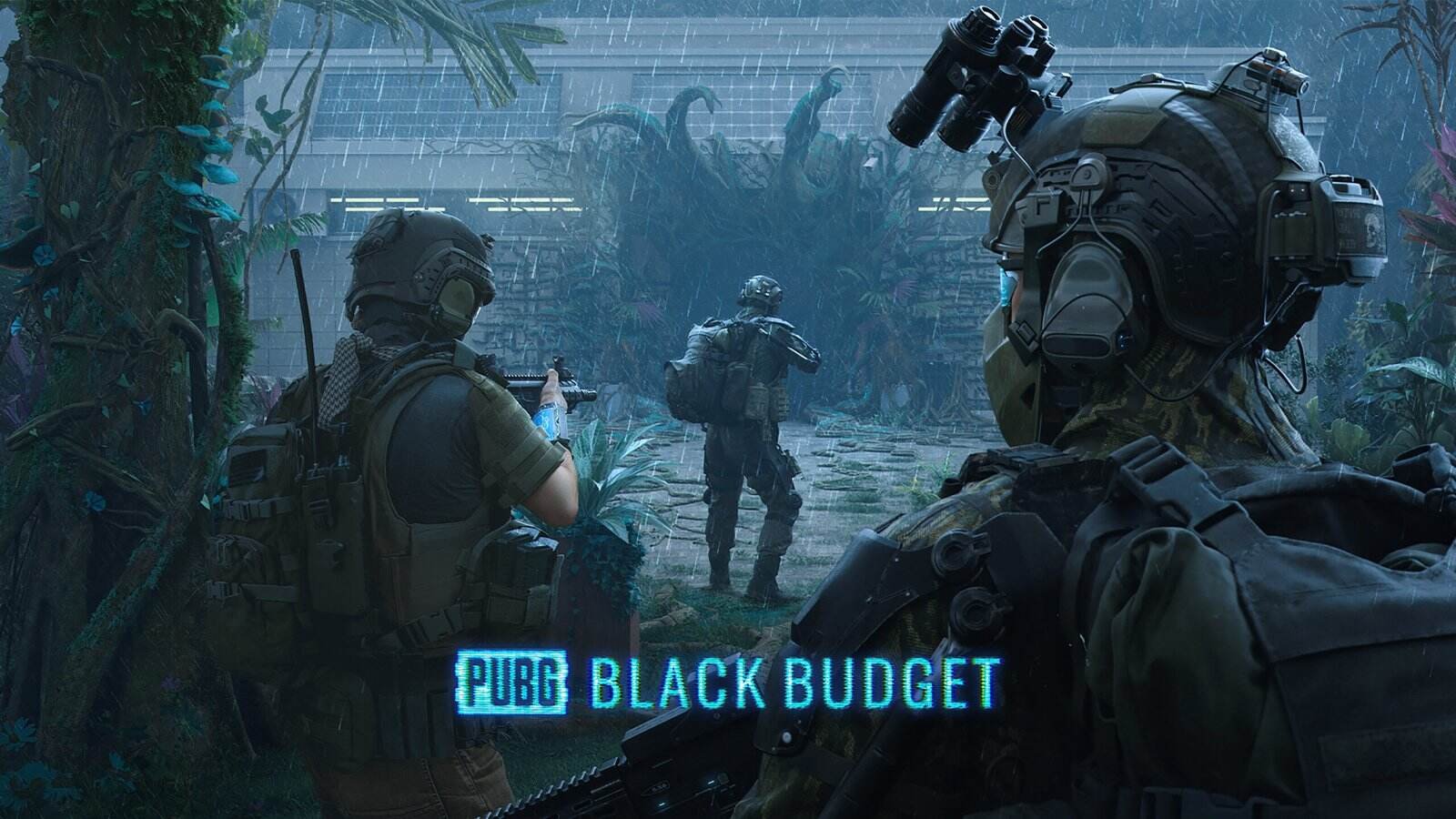 A first-person perspective in the game PUBG Black Budget showing a player holding a suppressed handgun, with a teammate crouching and aiming a rifle in a dense, lush tropical jungle environment. The game's neon-green logo is visible in the background.