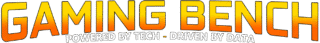 Logo for Gaming Bench featuring the text "GAMING BENCH" in a bold, sans-serif font with a yellow-to-orange vertical gradient. Below it, the tagline "POWERED BY TECH - DRIVEN BY DATA" is written in smaller, outlined white capital letters.