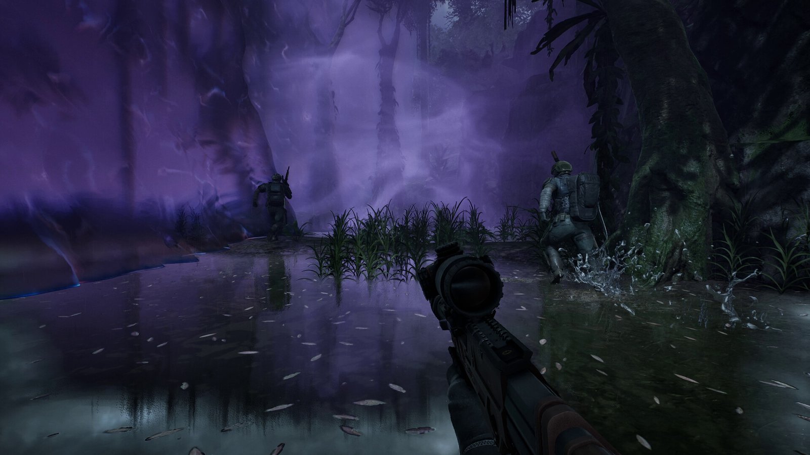 A first-person view of a rifle aimed low in a dark, swampy environment with two soldiers wading through water toward a mysterious purple mist or fog that glows brightly in the background.