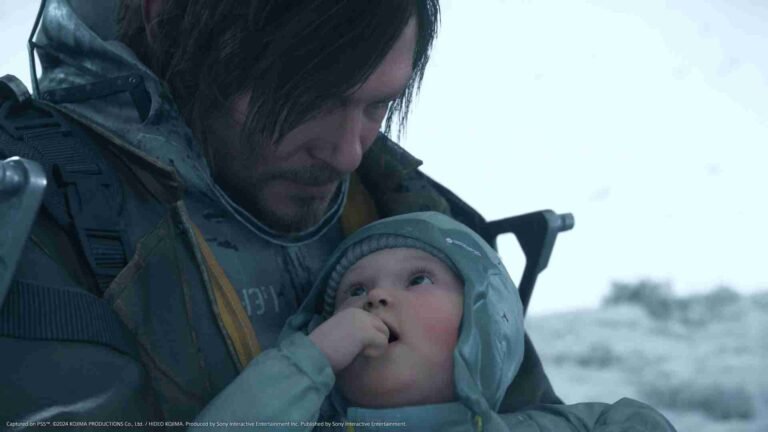 A close-up screenshot from the video game Death Stranding 2: On The Beach featuring Sam Porter Bridges (portrayed by Norman Reedus) and a young child.