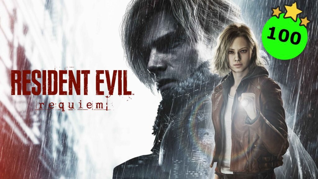 Top Resident Evil Requiem Reviews. The image is a fan-made or concept poster for a fictional video game titled "Resident Evil: Requiem." It features a cinematic, rainy atmosphere with two primary characters: Leon S. Kennedy: A large, close-up profile of Leon dominates the left side and background. He appears older, with a beard and a somber expression, wearing a fur-collared tactical jacket. A Female Protagonist: In the foreground on the right, a young woman with short blonde hair stands holding a flashlight. She is wearing a brown leather jacket over a white shirt, reminiscent of Sherry Birkin or a similar character from the series' lore. The Title: The classic "Resident Evil" logo is prominently displayed in red, with the word "requiem" written in a smaller, typewriter-style font underneath it. Additional Elements: In the top right corner, there is a bright green circular badge with the number "100" and three yellow stars, likely mimicking a review score or a "Perfect 100" rating.