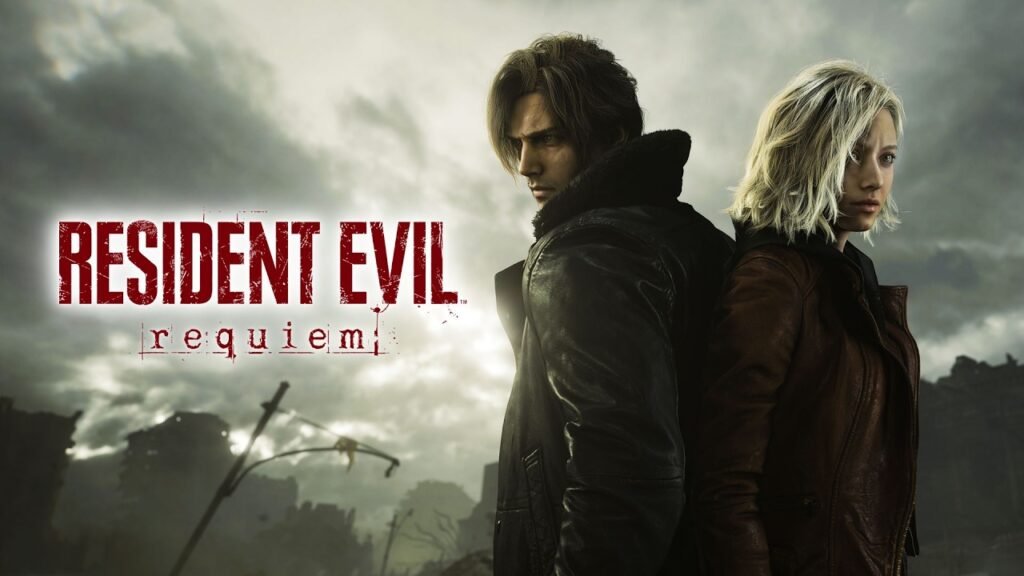 An image featuring promotional-style fan art for a hypothetical video game titled "Resident Evil Requiem." The composition shows two characters, a man and a woman, standing back-to-back against a desaturated, cloudy sky and a ruined urban landscape. Characters: On the left, a man with styled brown hair and a brooding expression wears a dark, fur-lined leather jacket, strongly resembling the character Leon S. Kennedy. On the right, a woman with short, blonde hair and a focused gaze wears a reddish-brown leather jacket, resembling Ashley Graham or a similar protagonist. Foreground: To the left, the iconic "RESIDENT EVIL" logo is displayed in its signature distressed red font, with the subtitle "requiem" written in a smaller, thin lowercase font boxed in a minimalist frame below it. Background: The environment is bleak and apocalyptic, showing the silhouettes of destroyed buildings and tilted utility poles under a heavy, overcast sky.