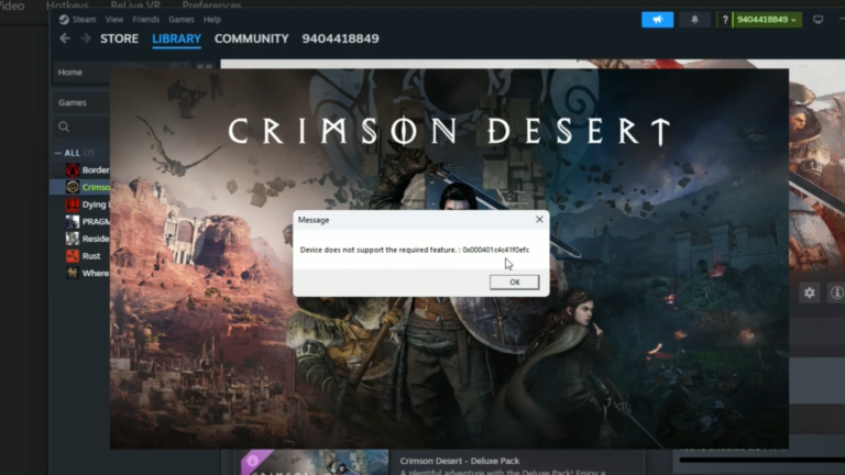 The error window, titled "Message," displays the text: "Device does not support the required feature. : 0x000401c4c41f0efc" with an "OK" button. The background features epic fantasy key art of several warriors and a dragon, while the Steam sidebar lists other games such as Borderlands, Dying Light, and Rust.
