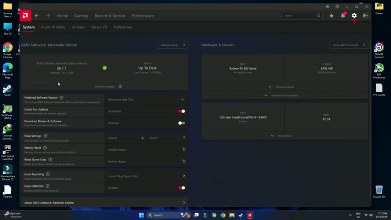 A screenshot of the AMD Software: Adrenalin Edition dashboard on a Windows desktop, showing system settings, driver status as up-to-date, and hardware specifications including a Radeon RX 580 GPU and an Intel Core i5-12400F CPU.