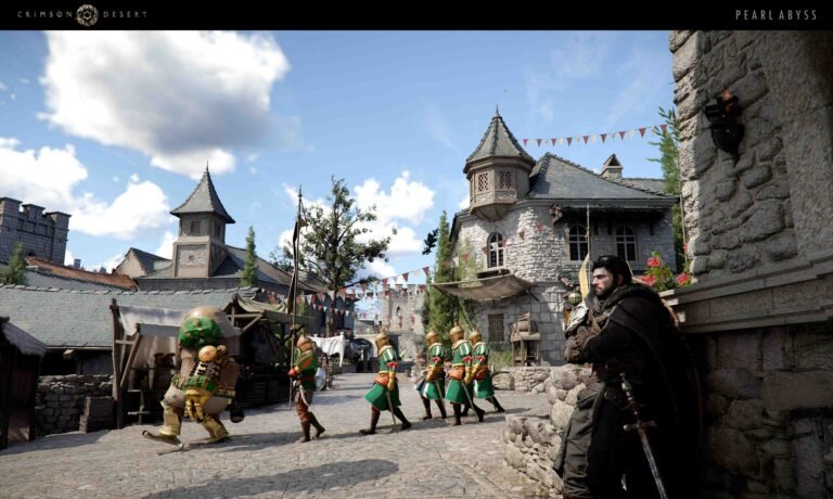 A cinematic screenshot from the video game Crimson Desert showing a rugged warrior leaning against a stone wall in a bustling medieval town square as a line of green-clad soldiers marches by.
