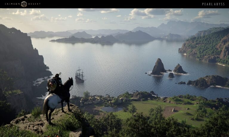 A high-angle scenic view from the game Crimson Desert. In the foreground, a knight with a round shield on their back sits on a white-and-grey horse, looking out over a massive body of water. Below the cliff is a lush valley with farm plots and a small cluster of houses. In the distance, a three-masted ship sits near jagged rock formations, with hazy blue mountains stretching across the horizon under a bright, cloudy sky.