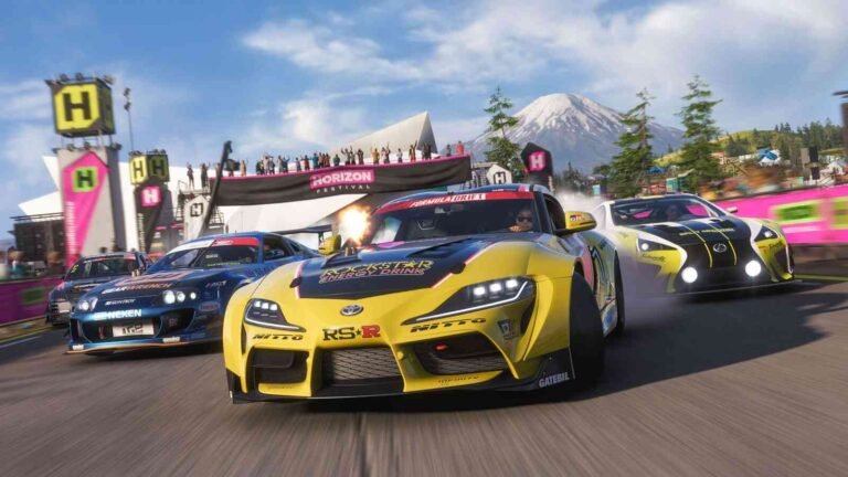 A high-octane promotional image from the racing game **Forza Horizon 5** captures three drift-spec sports cars sliding in tight formation around a corner at the Horizon Festival. The focal point is a vibrant yellow and black **Toyota GR Supra** adorned with Rockstar Energy and RS-R branding, captured mid-drift with a small flame spitting from its exhaust. Tucked closely behind it are a blue Nissan Silvia with Nexen Tire decals and a white Lexus LC, both kicking up white tire smoke as they navigate the turn. The scene is set against a bright, clear sky and a massive snow-capped volcano, with a bustling festival atmosphere in the background featuring cheering crowds, colorful banners, and "H" logo towers.