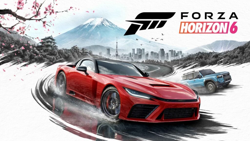 Promotional concept art for a video game titled Forza Horizon 6, set against a stylized Japanese backdrop. In the foreground, a vibrant red sports car drifts aggressively along a wet road, sending up a dramatic spray of water. To its right, a **light blue off-road SUV** maneuvers across a parallel track. The scene is framed by delicate **pink cherry blossom** branches in the upper left, while the background features a snow-capped **Mount Fuji** towering over a modern city skyline, including a structure resembling the Tokyo Tower. The entire image is tied together with artistic, black ink-like brushstrokes that swirl around the vehicles, giving the composition a high-energy, painterly aesthetic.