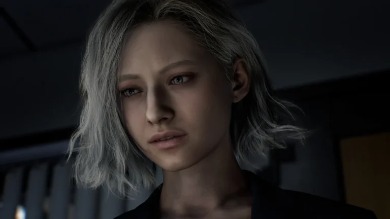 A close-up, medium shot of a young woman with a somber, weary expression. She has short, wavy, ash-blonde hair and light-colored eyes that appear red-rimmed as if from exhaustion or crying. She is looking slightly downward and away from the camera with her mouth slightly parted. The lighting is dim and moody, casting soft shadows across her face, while the background is dark and out of focus, suggesting an indoor setting at night.