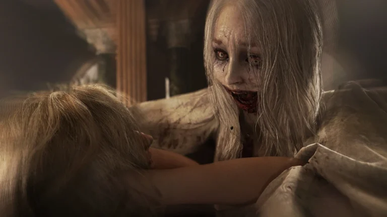 A high-angle, close-up shot from a video game captures a tense and horrific encounter. A pale, monstrous woman with long, stringy white hair and sunken, dark-rimmed eyes looms over a character who is pinned down. The creature has a wide, blood-stained mouth filled with sharp teeth and a predatory expression. The character being grappled is visible only from the back of their head and shoulders, showing blonde hair. The background is dimly lit and blurry, suggesting an ornate, gothic interior with stone pillars. The overall atmosphere is one of intense survival horror.