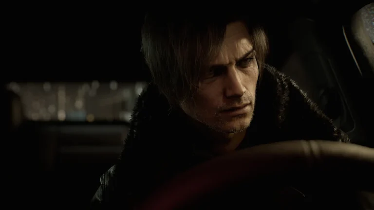 A close-up, cinematic shot of **Leon S. Kennedy** from *Resident Evil*, looking weary and intense while sitting in the driver's seat of a car at night. He is wearing a dark, heavy jacket with a thick **fur-lined collar**. His signature blonde hair is messy and damp, partially falling over his face. He has visible stubble and a focused, brooding expression as he gazes toward the side window. The lighting is low and moody, with faint city lights blurred in the background, creating a high-contrast, somber atmosphere.