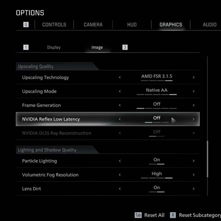 A screenshot of a video game's "Graphics" settings menu, specifically under the "Image" sub-tab. The menu features a dark, minimalist aesthetic with white text. The settings are divided into two sections: * **Upscaling Quality:** * **Upscaling Technology:** Set to AMD FSR 3.1.5. * **Upscaling Mode:** Set to Native AA. * **Frame Generation:** Set to Off. * **NVIDIA Reflex Low Latency:** This option is currently highlighted by the cursor and set to Off. * **NVIDIA DLSS Ray Reconstruction:** Greyed out and set to Off. * **Lighting and Shadow Quality:** * **Particle Lighting:** Set to On. * **Volumetric Fog Resolution:** Set to High. * **Lens Dirt:** Set to On. At the bottom right, prompts indicate that the "Tab" key resets all settings and the "R" key resets the subcategory. The file name suggests this is part of a performance comparison between RTX 3070, RTX 5060, and RTX 5060 Ti GPUs.