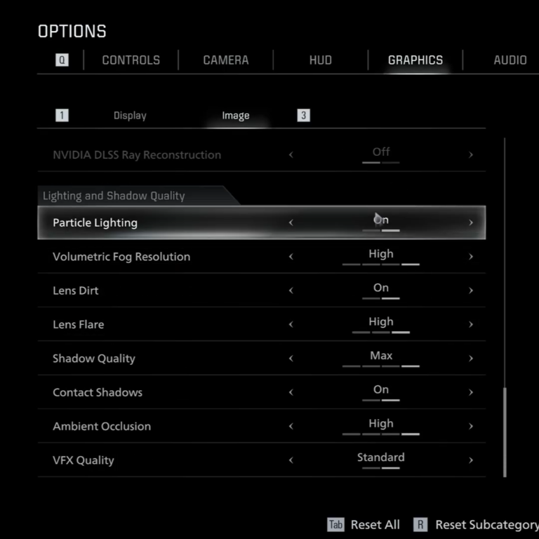 A screenshot of a video game's "Graphics" settings menu, specifically under the "Image" tab and the "Lighting and Shadow Quality" sub-category. The interface is dark with white and grey text. Various settings are visible with their current configurations: * **NVIDIA DLSS Ray Reconstruction:** Off (greyed out) * **Particle Lighting:** On (highlighted by a cursor) * **Volumetric Fog Resolution:** High * **Lens Dirt:** On * **Lens Flare:** High * **Shadow Quality:** Max * **Contact Shadows:** On * **Ambient Occlusion:** High * **VFX Quality:** Standard At the top, navigation tabs include Controls, Camera, HUD, Graphics, and Audio. At the bottom right, prompts indicate "Tab" to Reset All and "R" to Reset Subcategory.