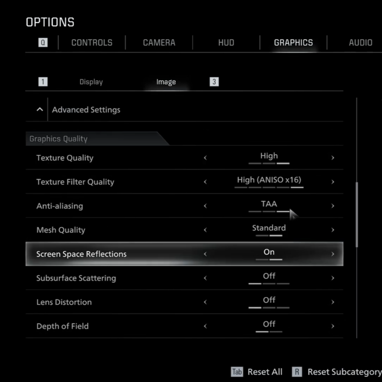 A screenshot of a video game's "Graphics" options menu, specifically under the "Image" sub-tab of the "Advanced Settings." The interface is dark with white text and a clean, minimalist design. Several settings are visible with their current configurations: * **Texture Quality:** High * **Texture Filter Quality:** High (ANISO x16) * **Anti-aliasing:** TAA (highlighted by a mouse cursor) * **Mesh Quality:** Standard * **Screen Space Reflections:** On * **Subsurface Scattering:** Off * **Lens Distortion:** Off * **Depth of Field:** Off At the bottom right, there are prompts for "Tab" to Reset All and "R" to Reset Subcategory. The image is titled "RTX 3070 (8GB) vs RTX 5060 (8GB) vs RTX 5060 Ti (16GB) Comparison," suggesting it is a frame from a hardware performance comparison video.