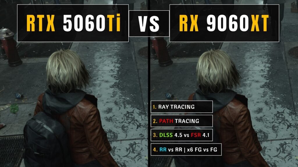 This side-by-side comparison image captures a high-fidelity video game scene featuring a blonde character in a brown jacket, viewed from a third-person perspective. The frame is split vertically to showcase a graphical performance "versus" battle between the **RTX 5060Ti** on the left and the **RX 9060XT** on the right. Centered between the two halves is a text overlay detailing the specific technologies being compared: **Ray Tracing**, **Path Tracing**, and the upscaling battle of **DLSS 4.5 vs FSR 4.1**. The bottom of the center column includes technical abbreviations for **Ray Reconstruction (RR)** and **Frame Generation (FG)**, highlighting the competitive features of both NVIDIA and AMD's latest hardware.