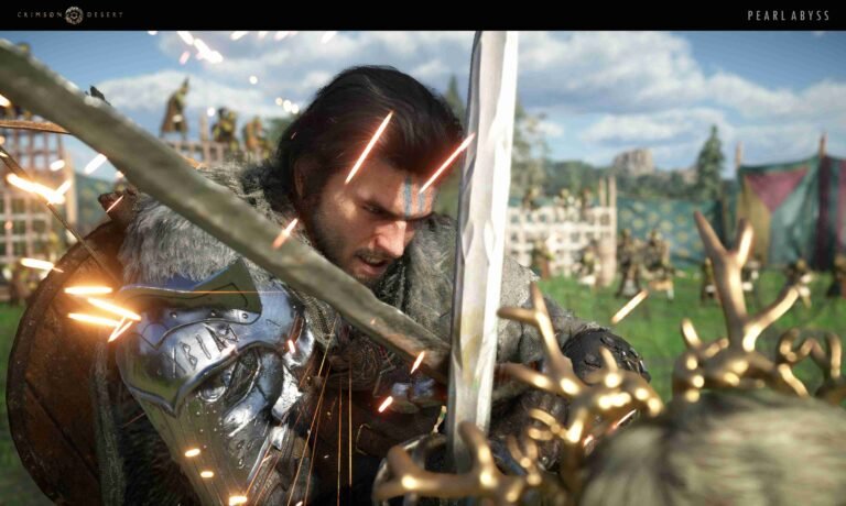 A high-action, close-up shot of a gritty warrior with dark hair and blue face paint, locked in a tense sword clash. He grinds his silver blade against an opponent’s weapon, sending bright sparks flying across the frame. He wears fur-lined armor with a polished silver pauldron engraved with runes. The background shows a sunlit outdoor arena with wooden structures and distant figures under a clear blue sky. The top corners of the image feature the logos for "Crimson Desert" and "Pearl Abyss."