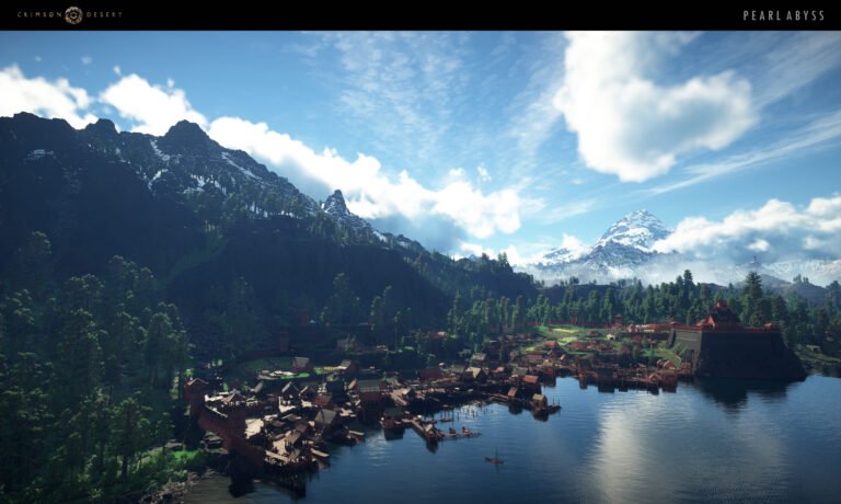 A high-angle, wide-angle concept art shot from the video game Crimson Desert by Pearl Abyss. The image showcases a sprawling medieval harbor town nestled at the base of massive, dark, jagged mountains. The town features reddish-brown wooden buildings and stone fortifications that extend along the edge of a calm, deep blue bay. Dense evergreen forests cover the lower slopes, while a towering, snow-capped peak dominates the background under a bright, partly cloudy sky. The lighting is crisp and cinematic, emphasizing the vast scale of the open-world environment.
