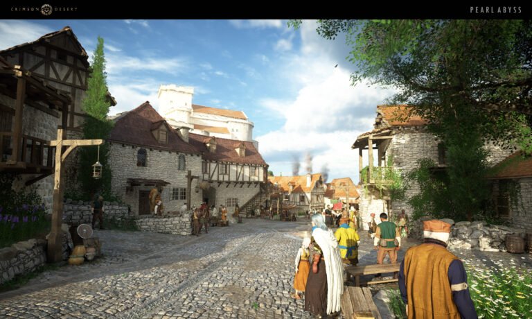 An atmospheric wide-angle screenshot from the video game Crimson Desert by Pearl Abyss. The scene depicts a bustling, sunlit medieval village with highly detailed cobblestone streets and stone masonry buildings. In the foreground, characters in period-accurate tunics and cloaks are seen from behind, walking toward a central square. To the left, several NPCs gather outside a tavern-style building, while a large white stone castle or fortress looms on a hill in the background under a bright blue sky with wispy clouds. Lush green trees and patches of wildflowers frame the edges of the frame, contributing to a realistic and immersive fantasy aesthetic.